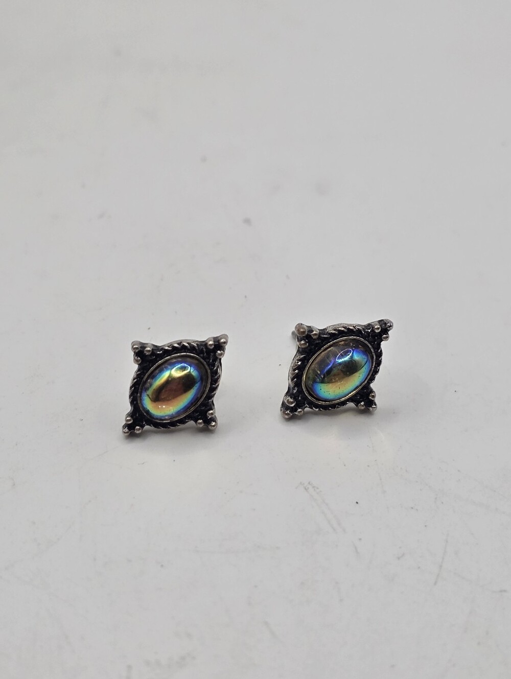 Vintage Real Opal Stud Earrings Detailed Silver Tone Frame Post Rainbow Fire